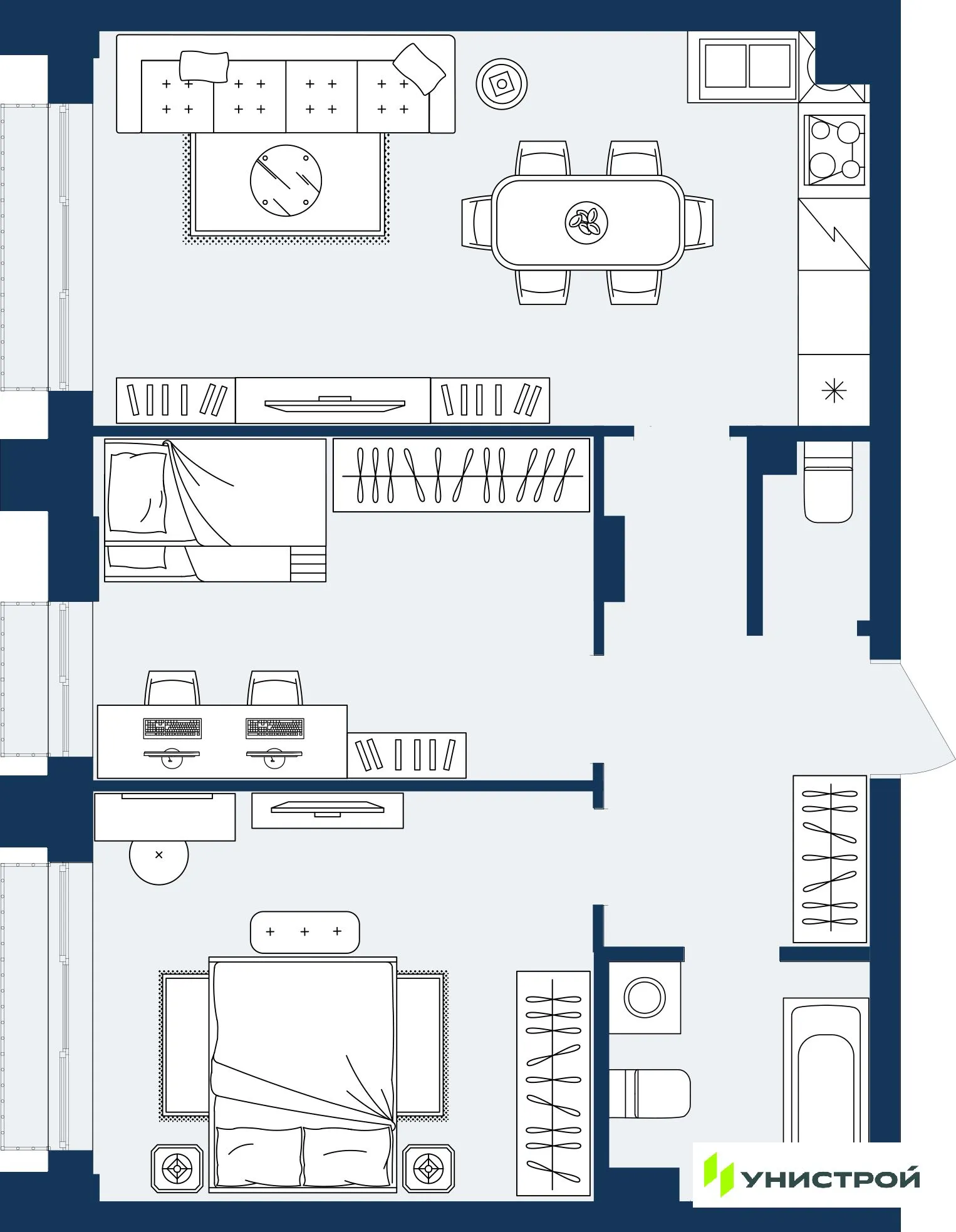 Планировка 2-комнатной квартиры 60.87 м² в ЖК ГРАНД БЕРЕГ, г. Махачкала — фото 1