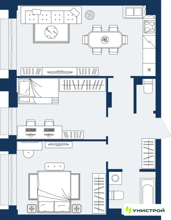 Планировка 2 комн. в ЖК ГРАНД БЕРЕГ