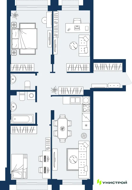 Планировка 2 комн. в ЖК ГРАНД БЕРЕГ