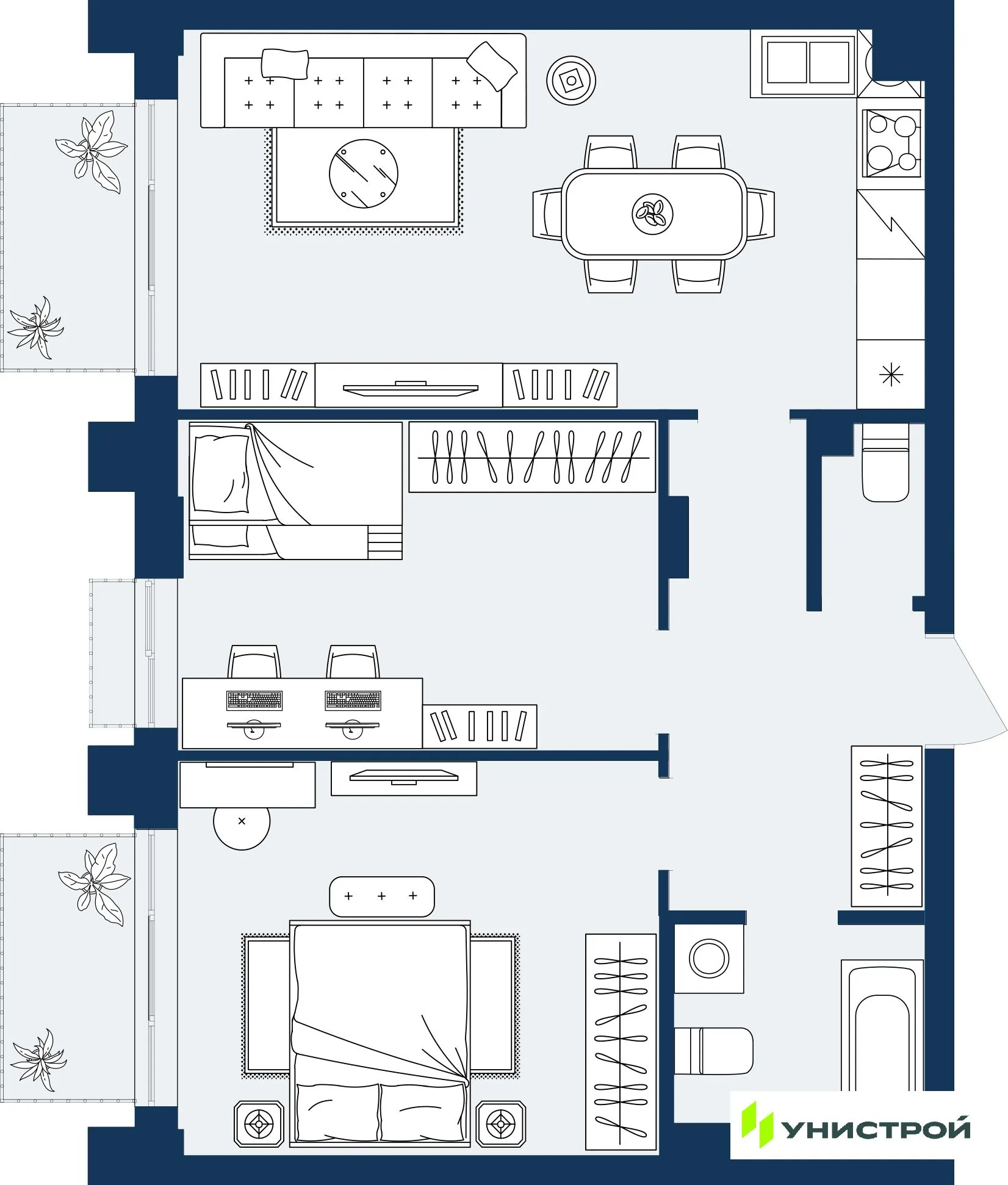 Планировка 2-комнатной квартиры 62.59 м² в ЖК ГРАНД БЕРЕГ, г. Махачкала — фото 1