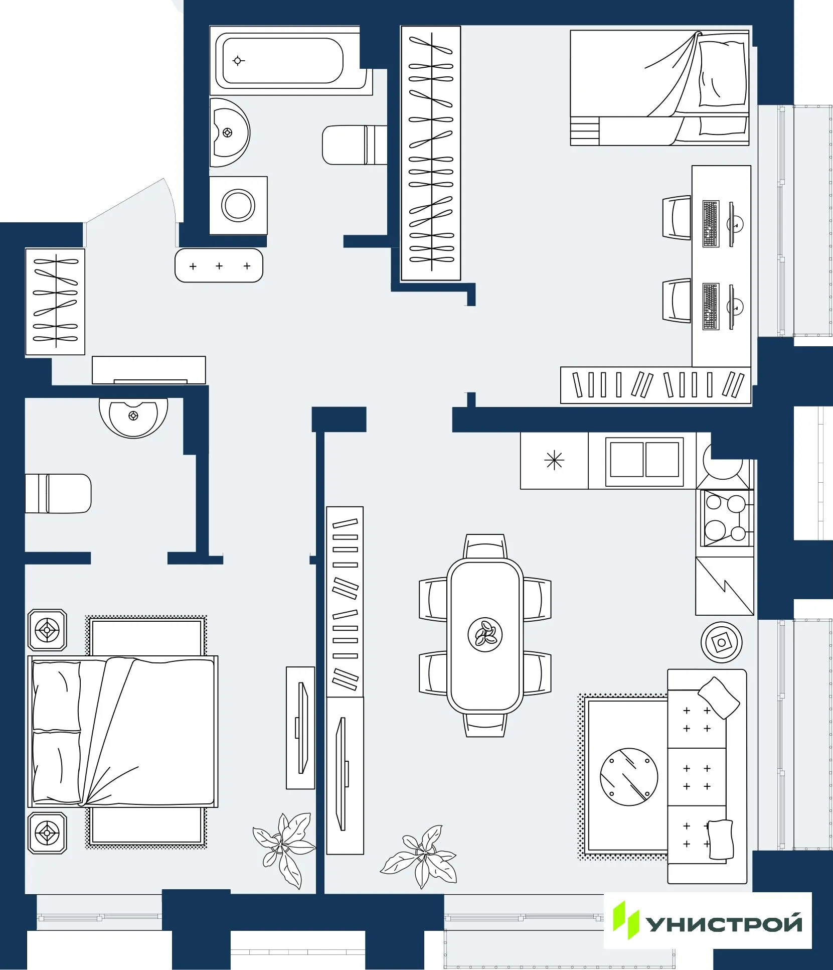 Планировка 2-комнатной квартиры 60.45 м² в ЖК ГРАНД БЕРЕГ, г. Махачкала — фото 1