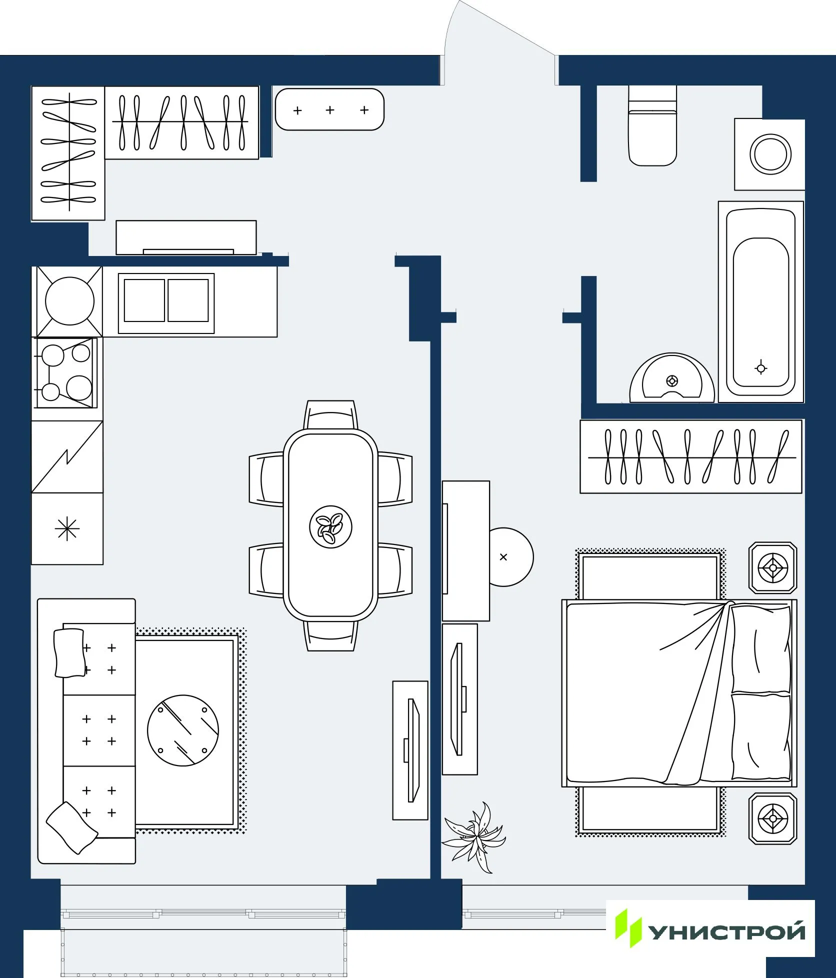 Планировка 1-комнатной квартиры 41.62 м² в ЖК ГРАНД БЕРЕГ, г. Махачкала — фото 1