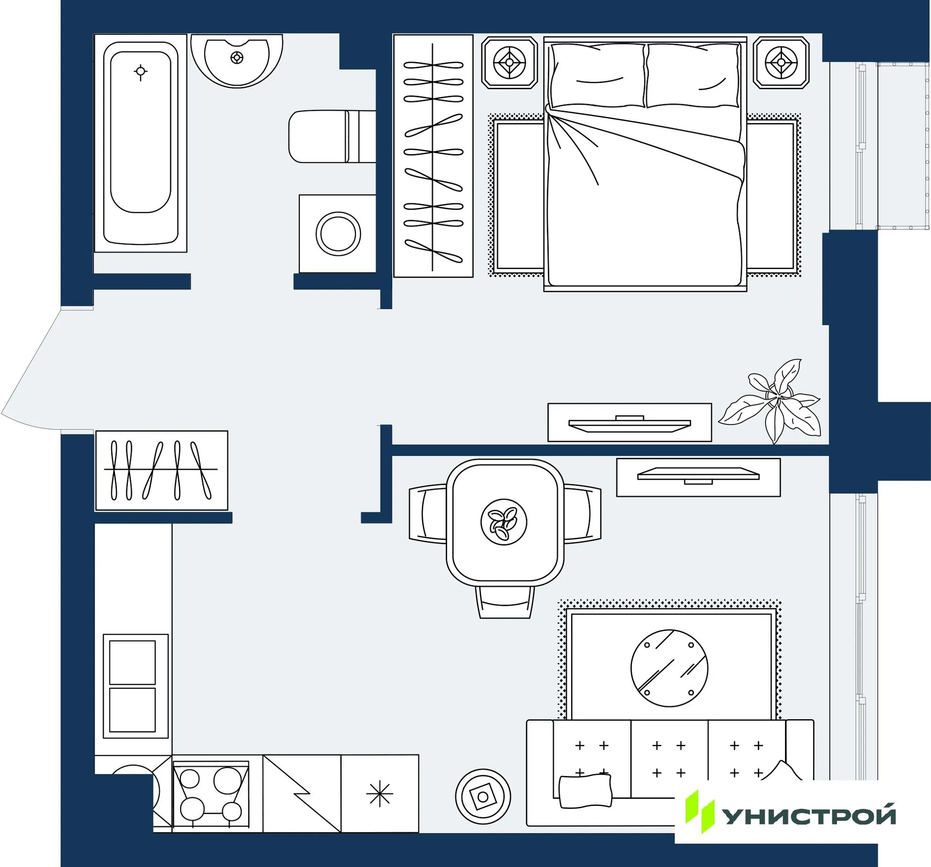 Планировка 1-комнатной квартиры 33.87 м² в ЖК ГРАНД БЕРЕГ, г. Махачкала — фото 1