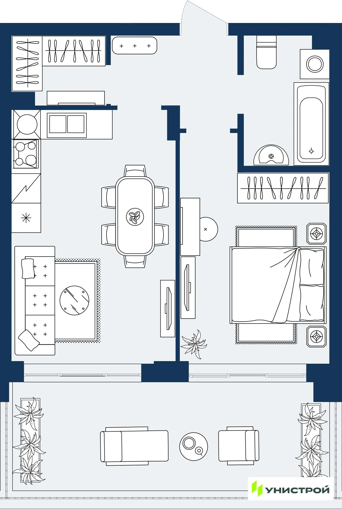 Планировка 1-комнатной квартиры 45.86 м² в ЖК ГРАНД БЕРЕГ, г. Махачкала — фото 1