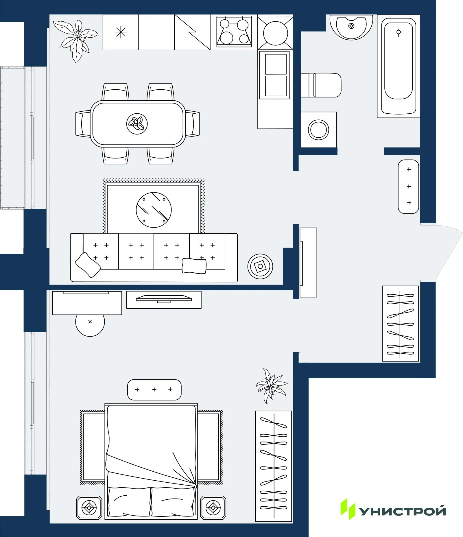 Планировка 1-комнатной квартиры 46.48 м² в ЖК ГРАНД БЕРЕГ, г. Махачкала — фото 1