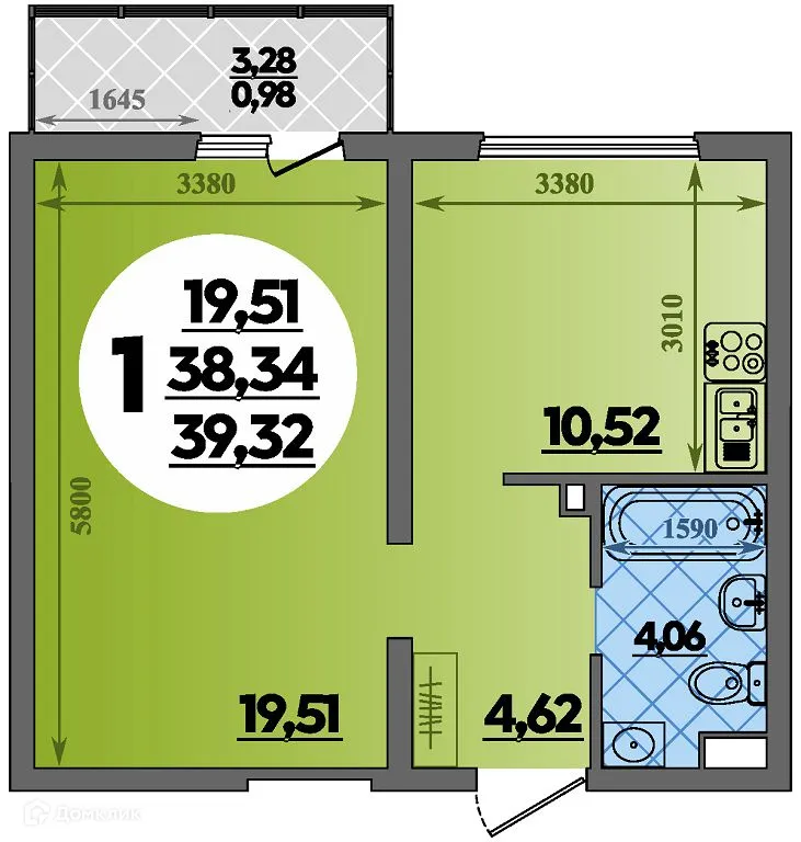 Планировка 1-комнатной квартиры 39.32 м² в ЖК Предгорье Лаго-Наки, г. Майкоп — фото 1