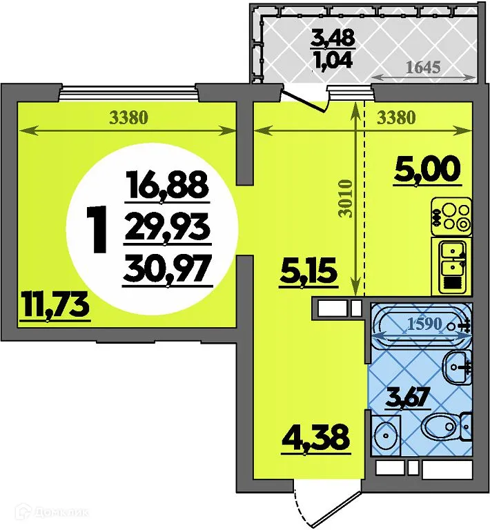 Планировка студии квартиры 30.97 м² в ЖК Предгорье Лаго-Наки, г. Майкоп — фото 1