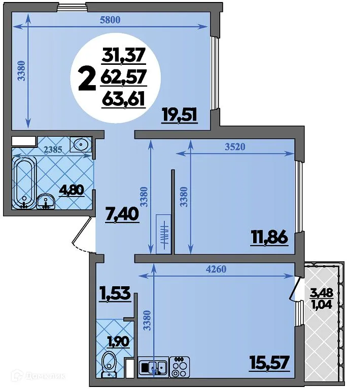 Планировка 2-комнатной квартиры 63.61 м² в ЖК Предгорье Лаго-Наки, г. Майкоп — фото 1