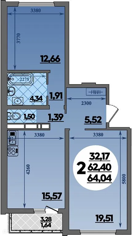 Планировка 2-комнатной квартиры 64.04 м² в ЖК Предгорье Лаго-Наки, г. Майкоп — фото 1
