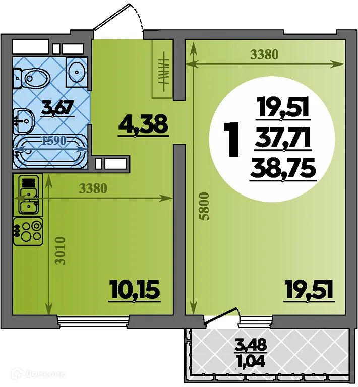 Планировка 1-комнатной квартиры 38.75 м² в ЖК Предгорье Лаго-Наки, г. Майкоп — фото 1