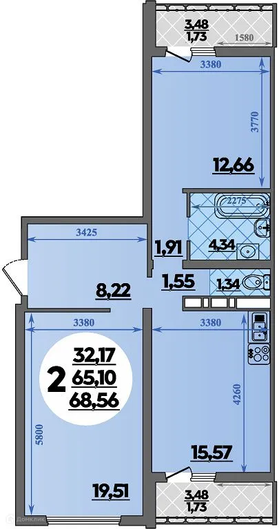 Планировка 2-комнатной квартиры 68.56 м² в ЖК Предгорье Лаго-Наки, г. Майкоп — фото 1