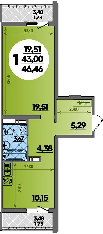 Планировка 1-комнатной квартиры 46.46 м² в ЖК Предгорье Лаго-Наки, г. Майкоп — фото 1