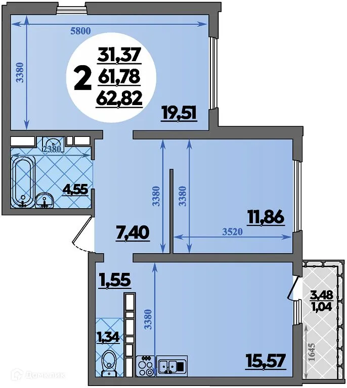 Планировка 2-комнатной квартиры 62.82 м² в ЖК Предгорье Лаго-Наки, г. Майкоп — фото 1
