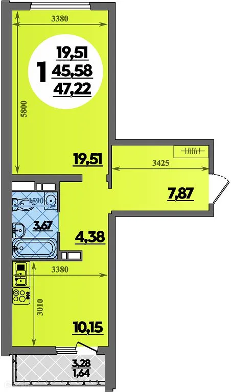 Планировка 1-комнатной квартиры 47.22 м² в ЖК Предгорье Лаго-Наки, г. Майкоп — фото 1
