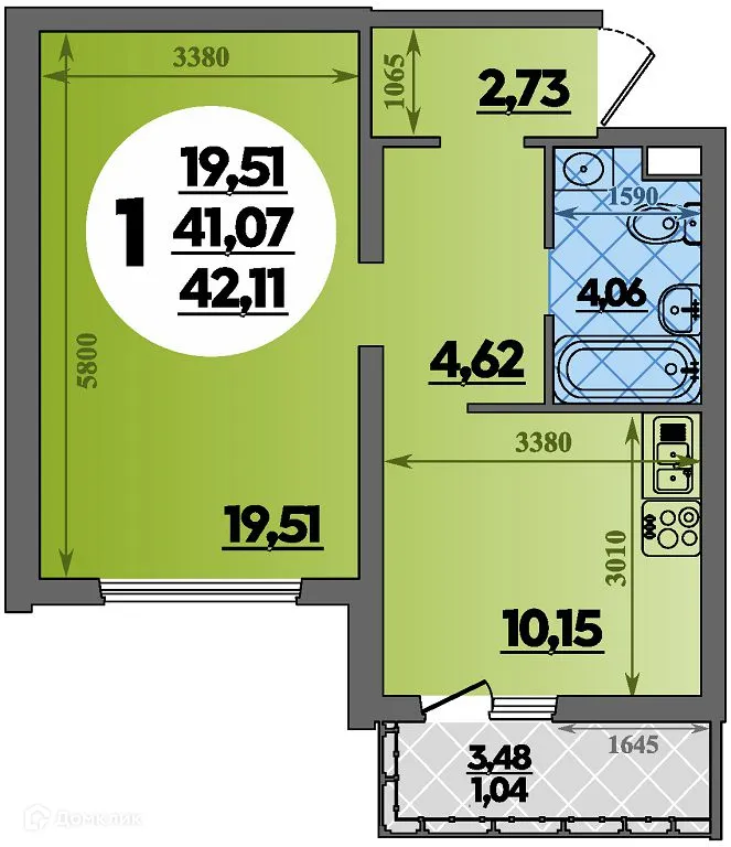 Планировка 1-комнатной квартиры 42.11 м² в ЖК Предгорье Лаго-Наки, г. Майкоп — фото 1