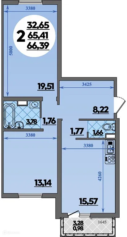 Планировка 2-комнатной квартиры 66.39 м² в ЖК Предгорье Лаго-Наки, г. Майкоп — фото 1