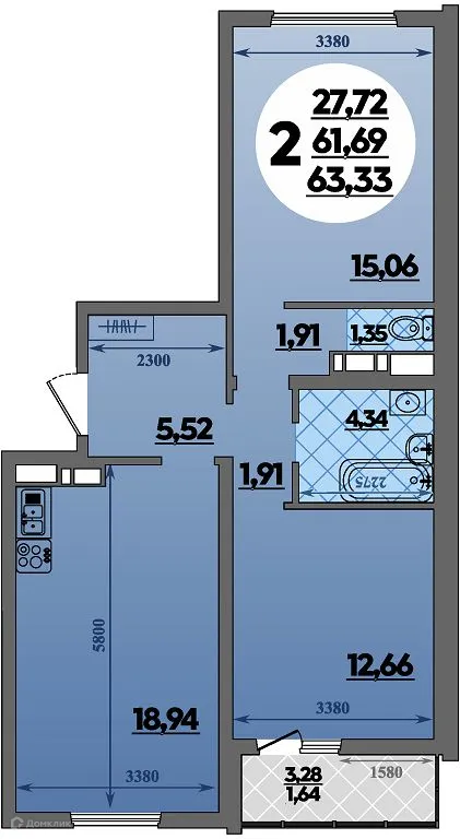 Планировка 2-комнатной квартиры 63.33 м² в ЖК Предгорье Лаго-Наки, г. Майкоп — фото 1