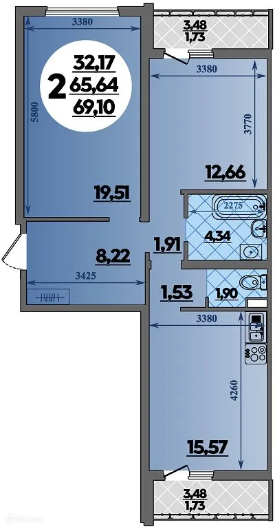 Планировка 2-комнатной квартиры 69.1 м² в ЖК Предгорье Лаго-Наки, г. Майкоп — фото 1