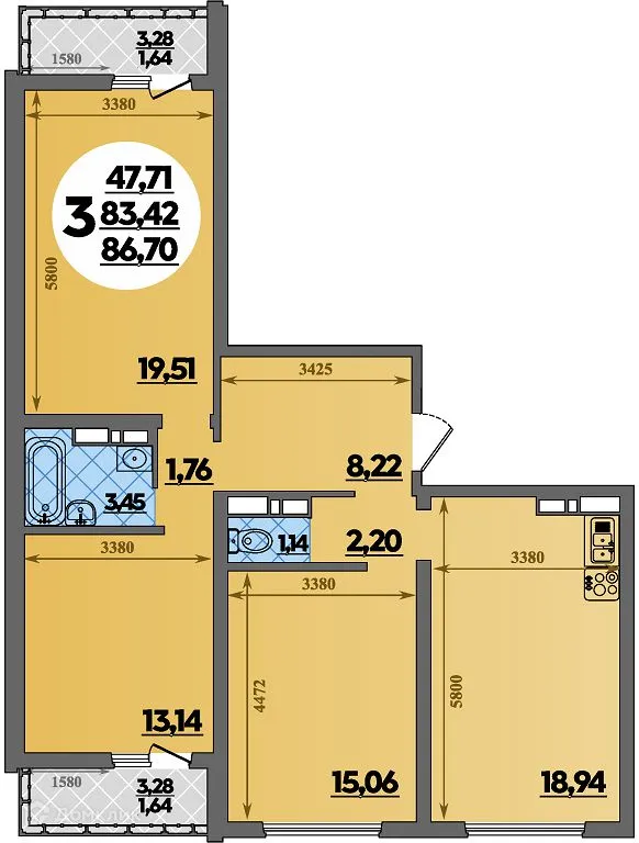 Планировка 3-комнатной квартиры 86.7 м² в ЖК Предгорье Лаго-Наки, г. Майкоп — фото 1