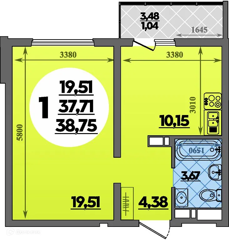 Планировка 1-комнатной квартиры 38.75 м² в ЖК Предгорье Лаго-Наки, г. Майкоп — фото 1