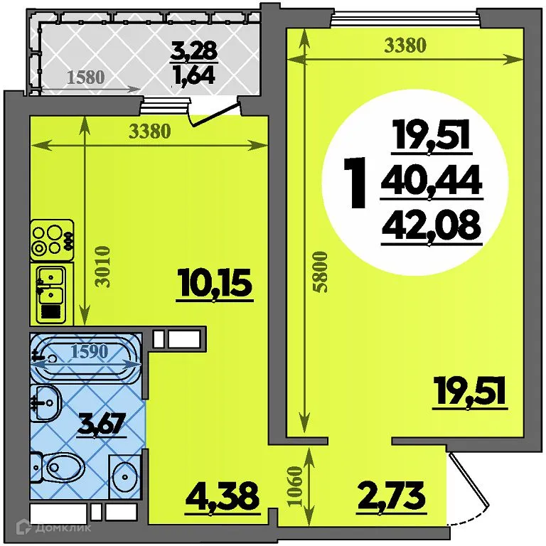 Планировка 1-комнатной квартиры 42.08 м² в ЖК Предгорье Лаго-Наки, г. Майкоп — фото 1
