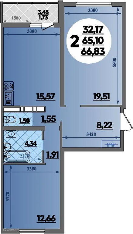 Планировка 2-комнатной квартиры 66.83 м² в ЖК Предгорье Лаго-Наки, г. Майкоп — фото 1