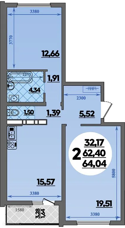 Планировка 2-комнатной квартиры 64.04 м² в ЖК Предгорье Лаго-Наки, г. Майкоп — фото 1