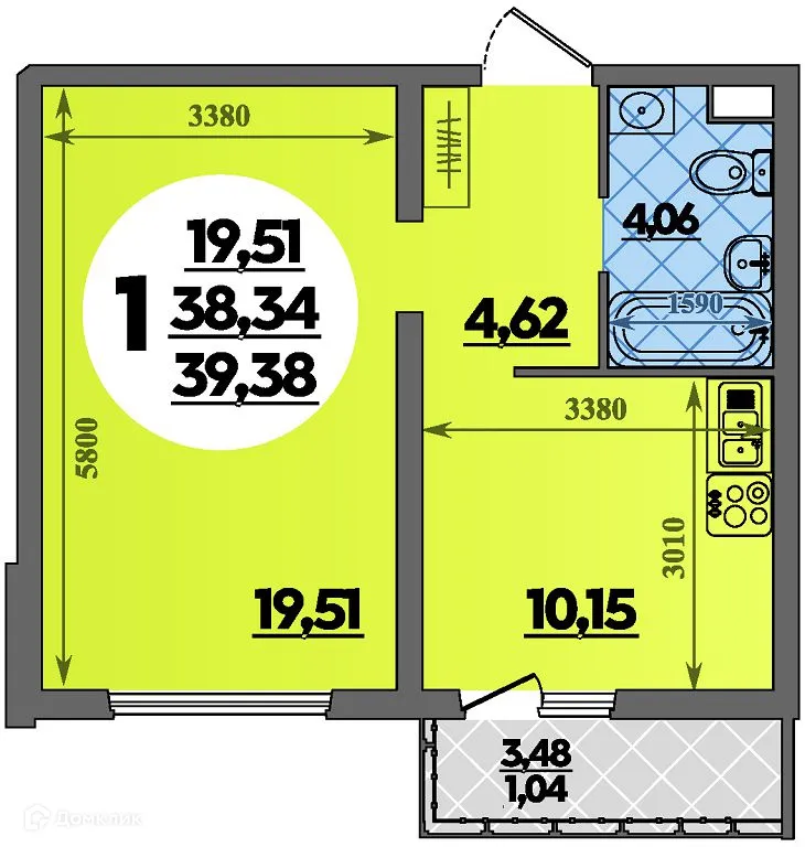Планировка 1-комнатной квартиры 39.38 м² в ЖК Предгорье Лаго-Наки, г. Майкоп — фото 1