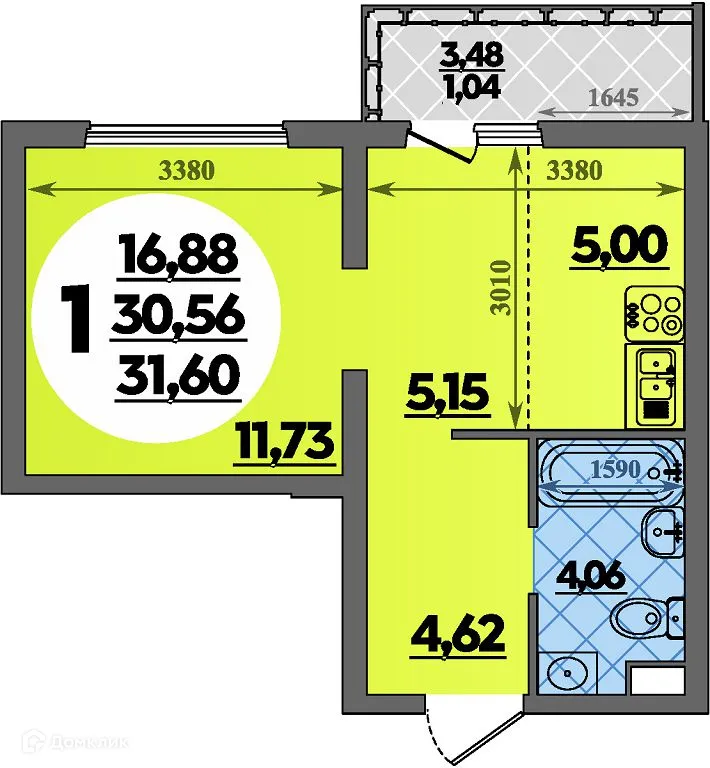 Планировка студии квартиры 31.6 м² в ЖК Предгорье Лаго-Наки, г. Майкоп — фото 1