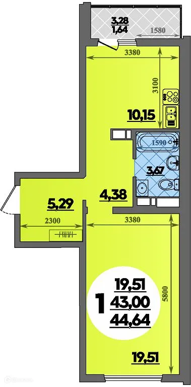 Планировка 1-комнатной квартиры 44.64 м² в ЖК Предгорье Лаго-Наки, г. Майкоп — фото 1