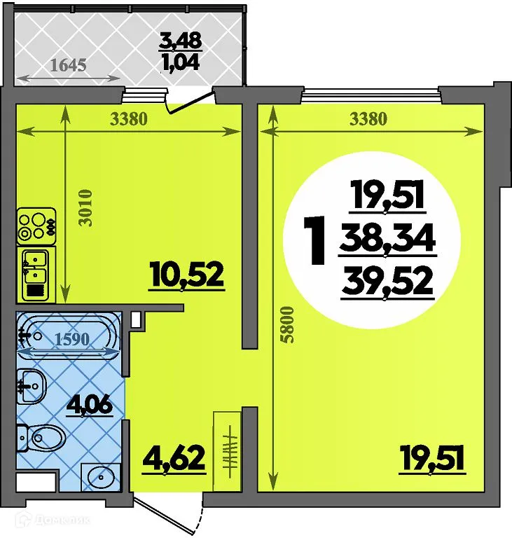 Планировка 1-комнатной квартиры 39.38 м² в ЖК Предгорье Лаго-Наки, г. Майкоп — фото 1