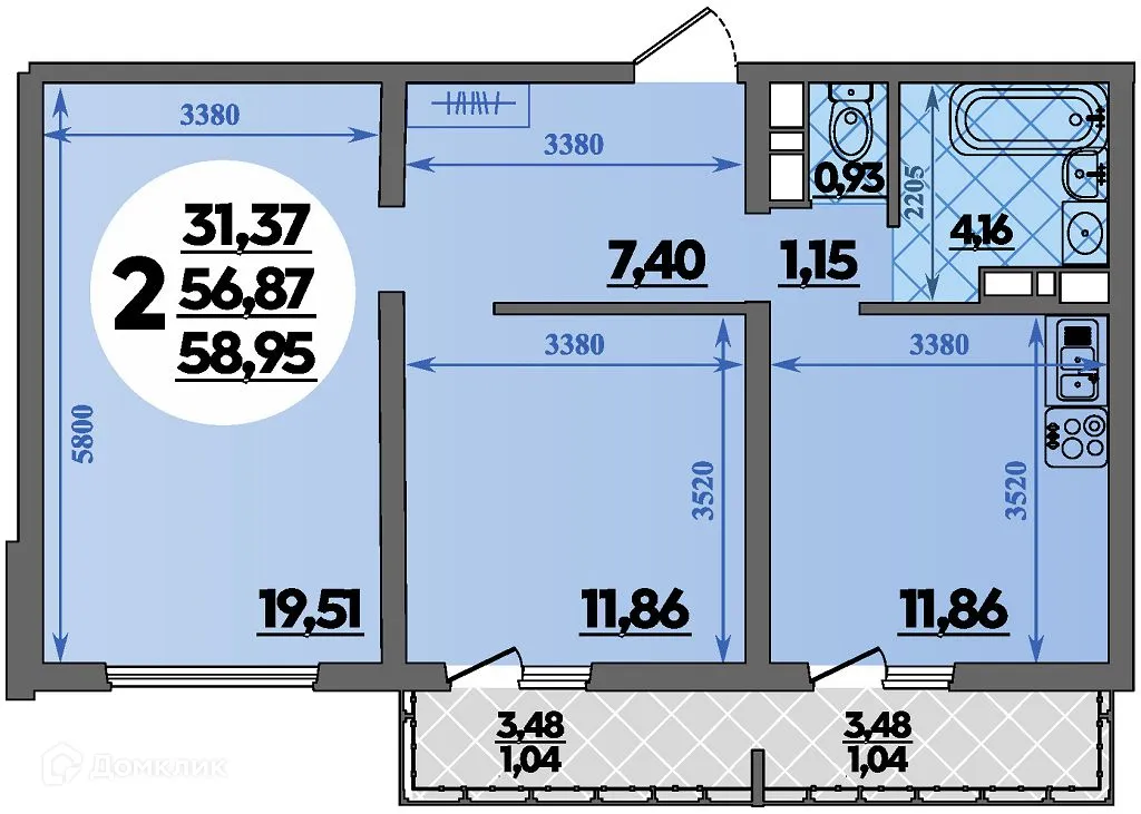Планировка 2-комнатной квартиры 58.95 м² в ЖК Предгорье Лаго-Наки, г. Майкоп — фото 1