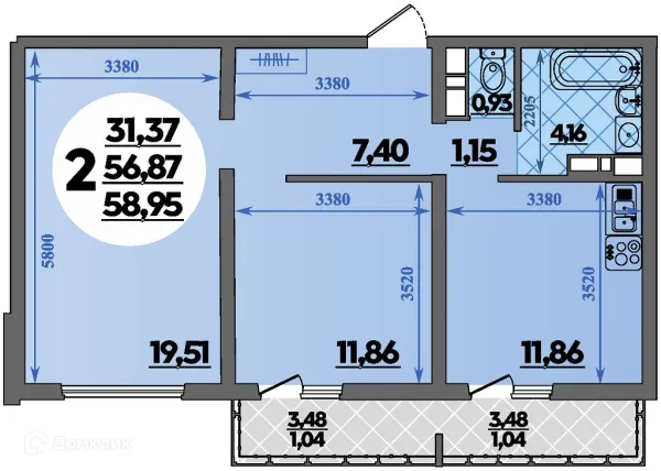 Планировка 2 комн. в ЖК Предгорье Лаго-Наки