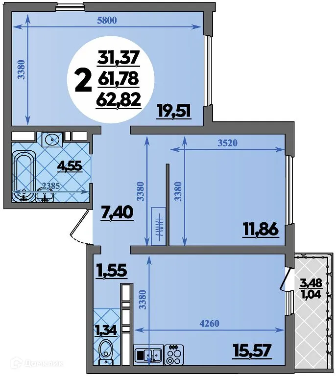 Планировка 2-комнатной квартиры 62.82 м² в ЖК Предгорье Лаго-Наки, г. Майкоп — фото 1