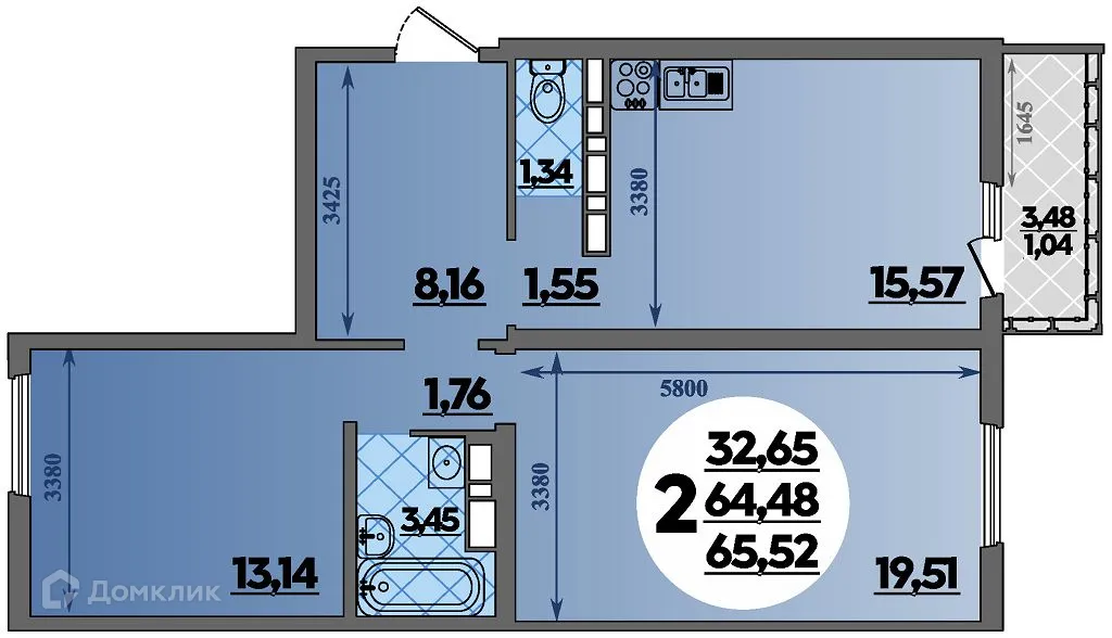 Планировка 2-комнатной квартиры 65.52 м² в ЖК Предгорье Лаго-Наки, г. Майкоп — фото 1
