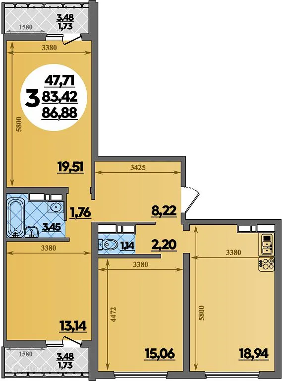 Планировка 3-комнатной квартиры 86.88 м² в ЖК Предгорье Лаго-Наки, г. Майкоп — фото 1