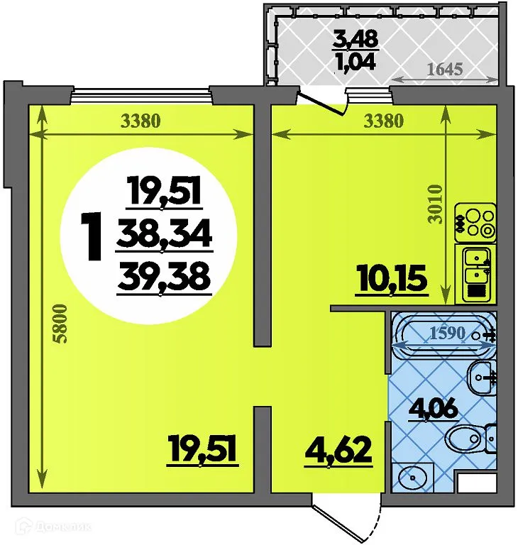 Планировка 1-комнатной квартиры 39.38 м² в ЖК Предгорье Лаго-Наки, г. Майкоп — фото 1