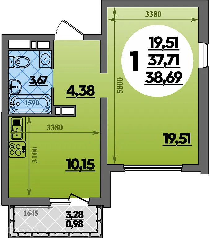 Планировка 1-комнатной квартиры 38.75 м² в ЖК Предгорье Лаго-Наки, г. Майкоп — фото 1