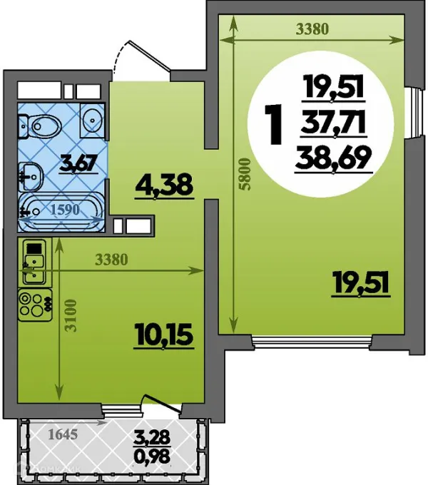 Планировка 1 комн. в ЖК Предгорье Лаго-Наки