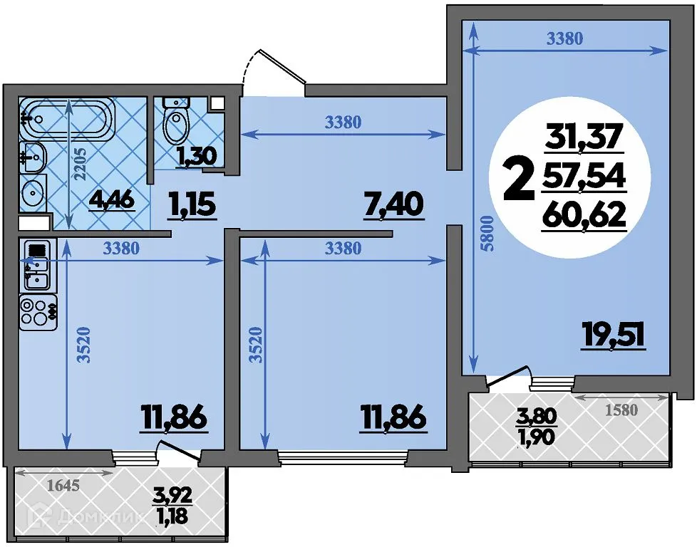 Планировка 2-комнатной квартиры 60.62 м² в ЖК Предгорье Лаго-Наки, г. Майкоп — фото 1