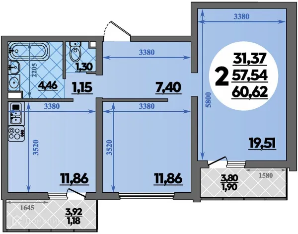 Планировка 2 комн. в ЖК Предгорье Лаго-Наки