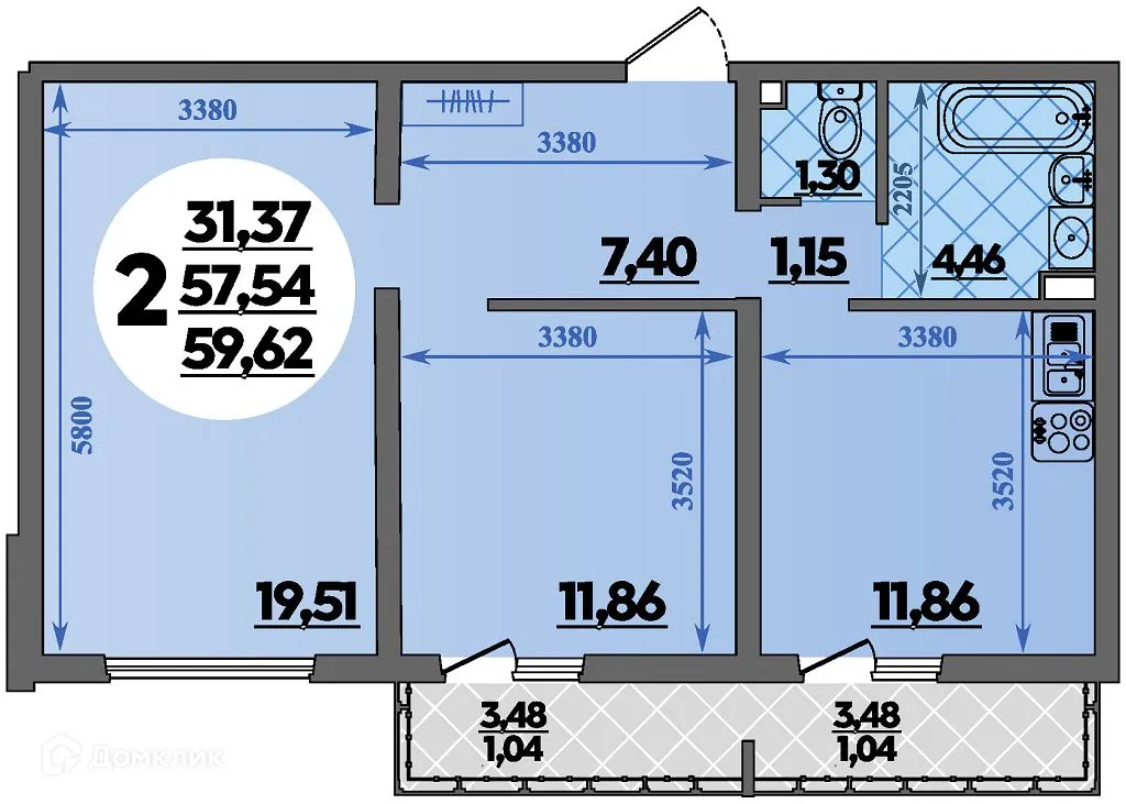 Планировка 2-комнатной квартиры 59.62 м² в ЖК Предгорье Лаго-Наки, г. Майкоп — фото 1