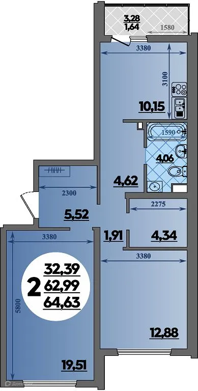 Планировка 2-комнатной квартиры 64.63 м² в ЖК Предгорье Лаго-Наки, г. Майкоп — фото 1
