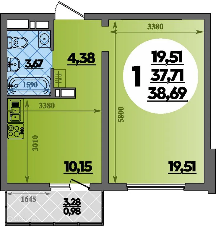 Планировка 1-комнатной квартиры 38.69 м² в ЖК Предгорье Лаго-Наки, г. Майкоп — фото 1