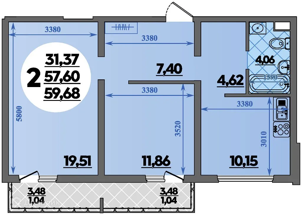 Планировка 2-комнатной квартиры 59.68 м² в ЖК Предгорье Лаго-Наки, г. Майкоп — фото 1