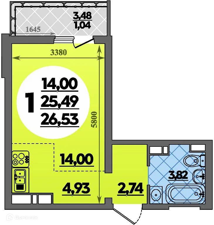 Планировка студии квартиры 26.53 м² в ЖК Предгорье Лаго-Наки, г. Майкоп — фото 1