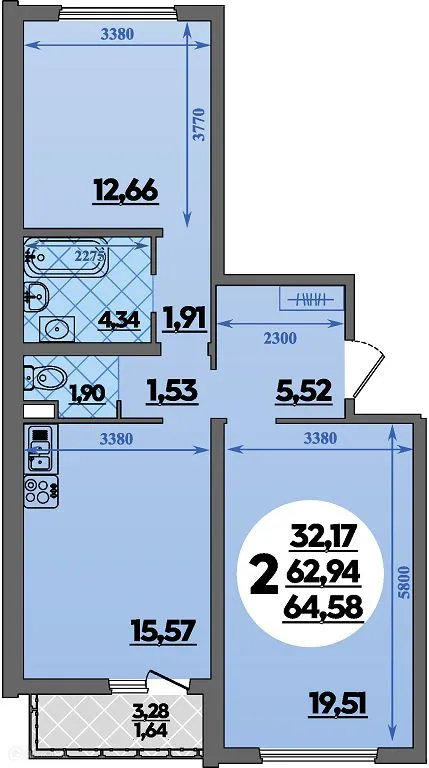 Планировка 2-комнатной квартиры 64.58 м² в ЖК Предгорье Лаго-Наки, г. Майкоп — фото 1