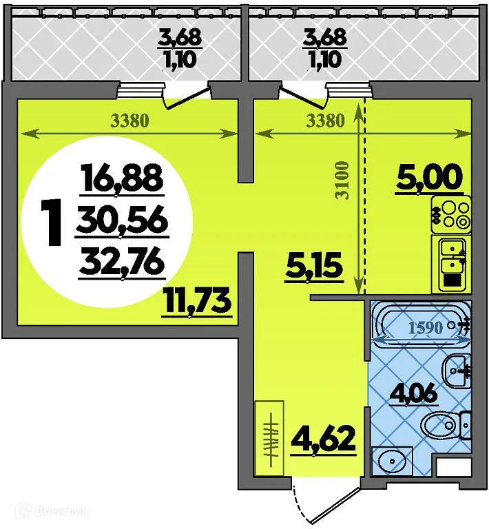 Планировка студии квартиры 32.76 м² в ЖК Предгорье Лаго-Наки, г. Майкоп — фото 1