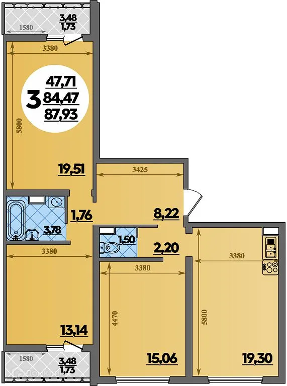 Планировка 3-комнатной квартиры 87.93 м² в ЖК Предгорье Лаго-Наки, г. Майкоп — фото 1