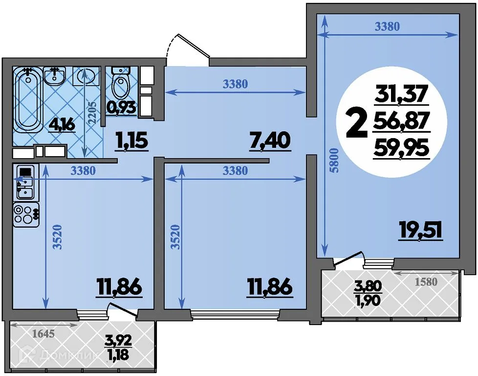 Планировка 2-комнатной квартиры 59.95 м² в ЖК Предгорье Лаго-Наки, г. Майкоп — фото 1